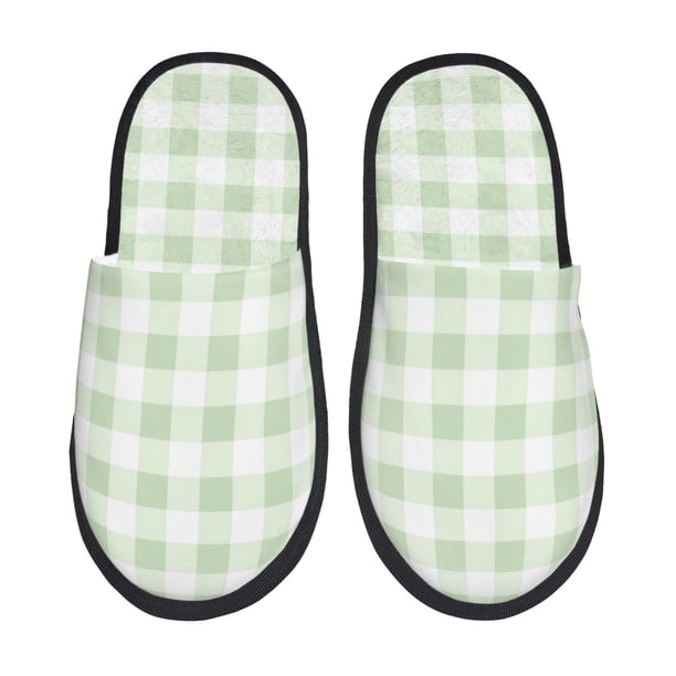 Fotbe Pistachio Green Checkboard Pantuflas Peludas para Mujer con Estampado, Zapatillas de Peluche, Zapatos de Invierno para Casa, Uso Interior y Exterior-Large