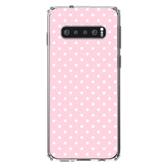 DistinctInk Clear Shockproof Hybrid Case for Samsung Galaxy S10  PLUS(6.4" Screen) - TPU Bumper, Acrylic Back, Tempered Glass Screen Protector - Pink & White Polka Dot Pattern