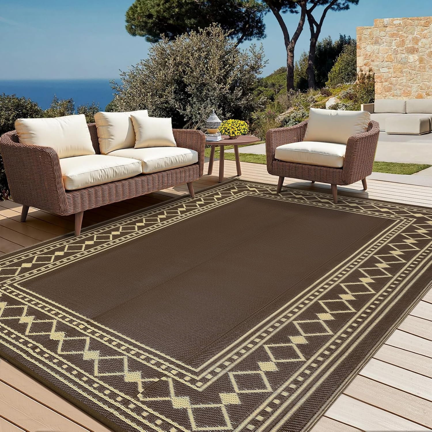 Riedhoff Outdoor Rug 10'x 8', Geometric, Brown & Light Yellow