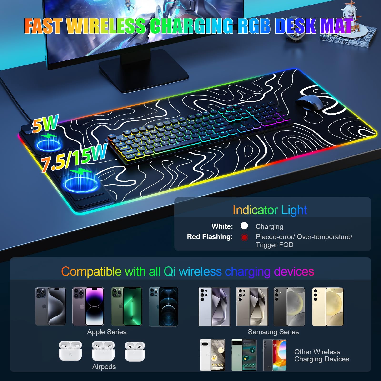 Miroddi RGB Gaming Mouse Pad with Wireless Charger, LED Mouse Mat with Phone Holder, Ultra-Smooth Surface, Non-Slip Rubber Base, Waterproof Keyboard Pad