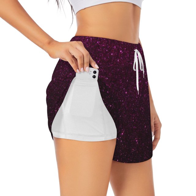 Balery Dark Purple Glitter Pantalones cortos deportivos para mujer con forro y dos bolsillos, elásticos, para entrenamiento, gimnasio, yoga-Small