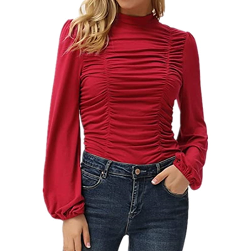 Haute Edition Women's Puff Sleeve Ruched Fitted Turtleneck Top ...