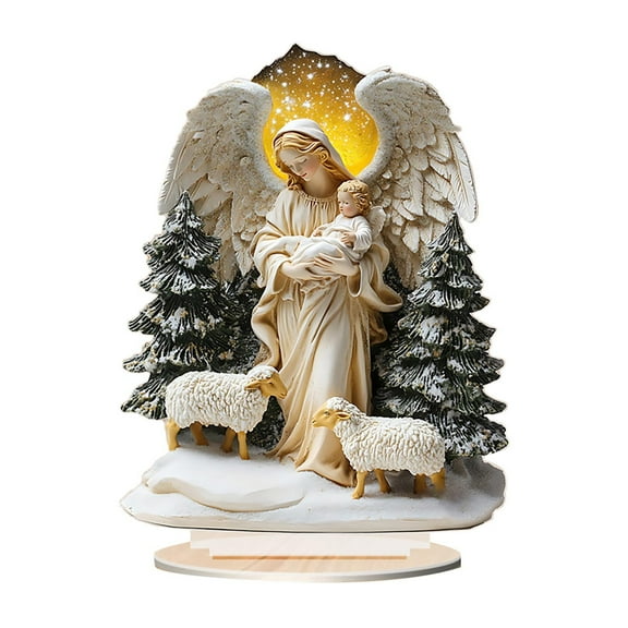 Winter Christmas Ornament Angel Holding Baby and Sheep Nativity Keepsake for Tree Hanging Collectible Tabletop Decor Holiday Gift Idea