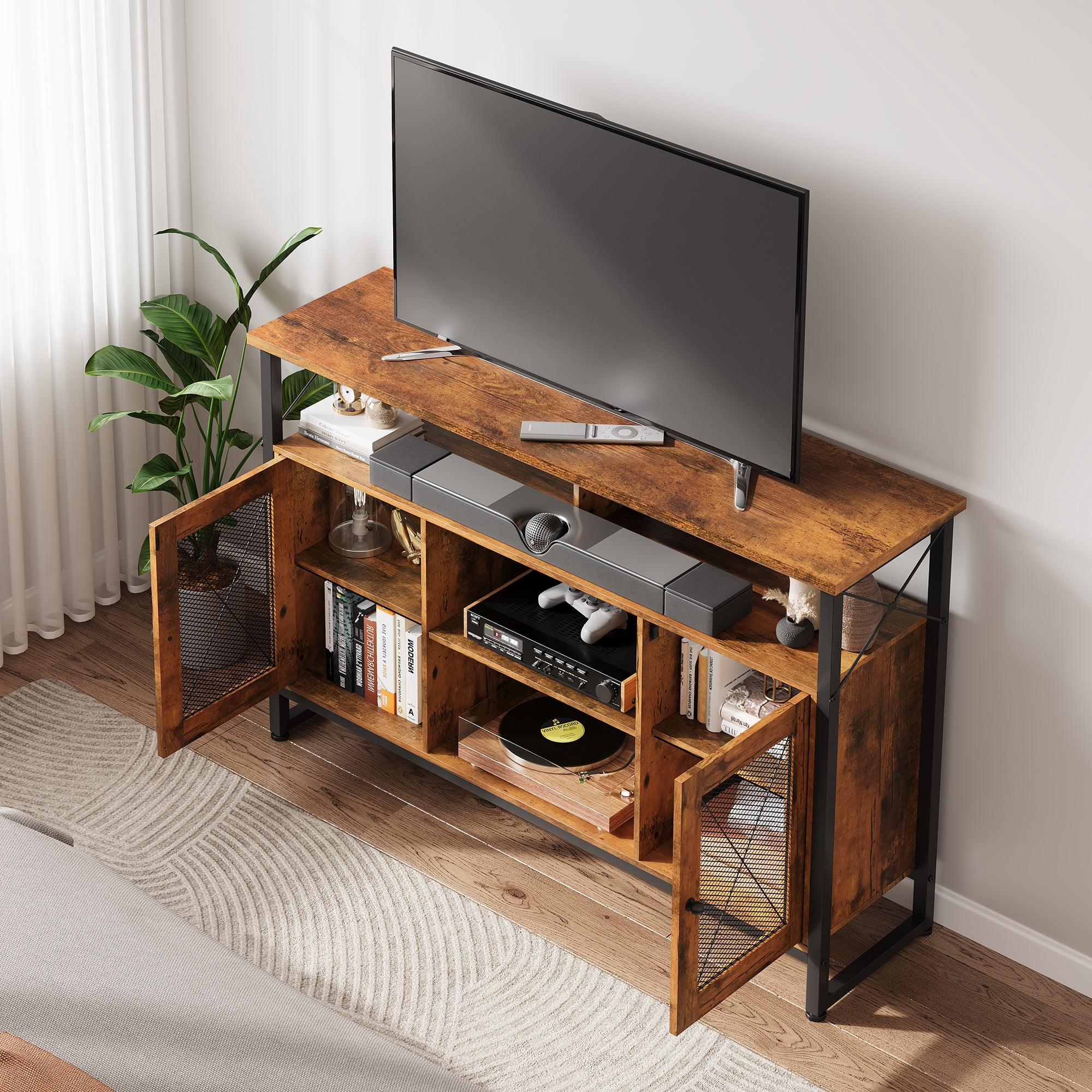 GALAXHERO Tall TV Stand for TVs up to 55", Farmhouse Industrial Entertainment Center with Storage, Media Console for Living Room Bedroom Rustic Brown