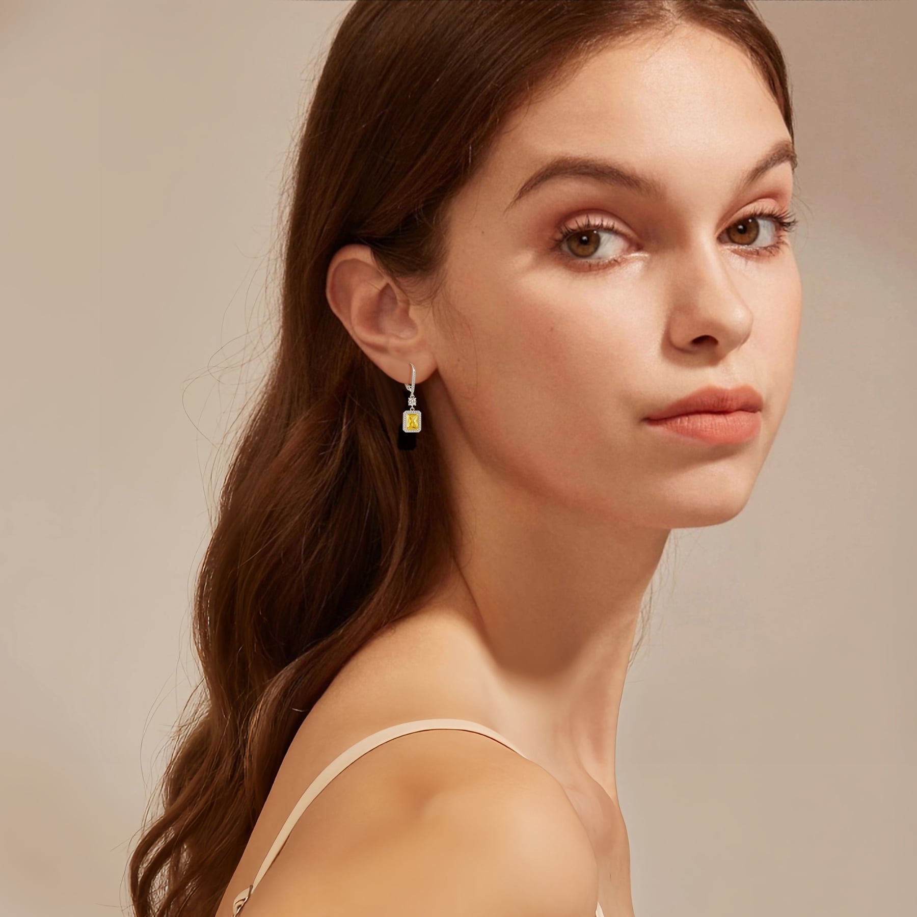 FJ Princess Cut Dangle Drop Earrings 925 Sterling Silver Leverback Square Citrine Halo Earrings November Birthstone Jewelry Gifts for Women