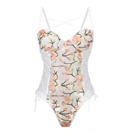 

wendunide lingerie for women Women Lace Cross Suspenders Embroidery Mesh Lace-up Bodysuit Underw White L