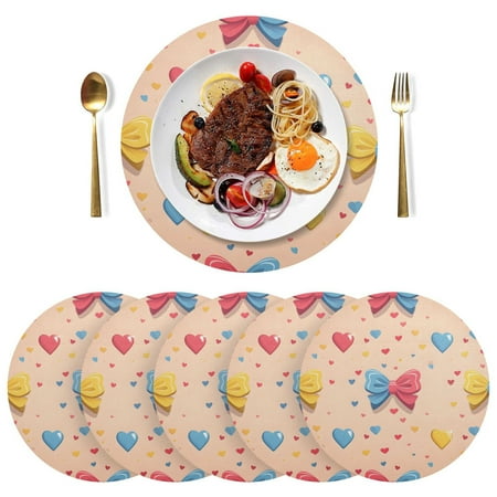 

joogoo Bows Hearts Print Round Plate Mats for Dining Table Placemat Set of 6 Holiday Decoration