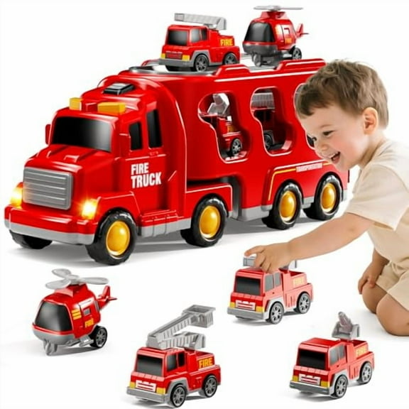 Fire Truck Toys for Toddler 1-3 3-5,5-in-1 Fire Car Carrier Vehicle Set for Girls 1 2 3 4 5 6 Years Old,Transport Car with Light Sound,Birthdays Gifts for Kids Girls Aged 3-9