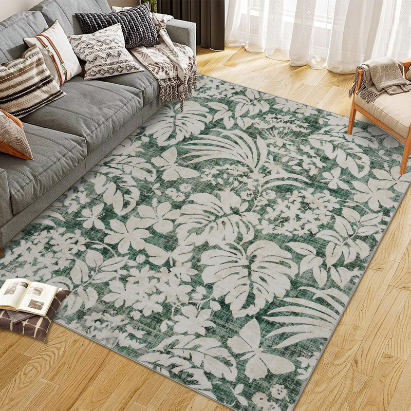 Washable 8x10 Area Rugs for Living Room Non-Slip Soft Modern Botanical Floral Rugs Accent Floor Carpet for Bedroom Dining Room Green
