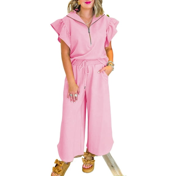 Women's Pink Textured Ruffled Sleeve Zipped Top and Wide Leg Pants Set | [ZhiHiMeRi] | (US 12-14)L