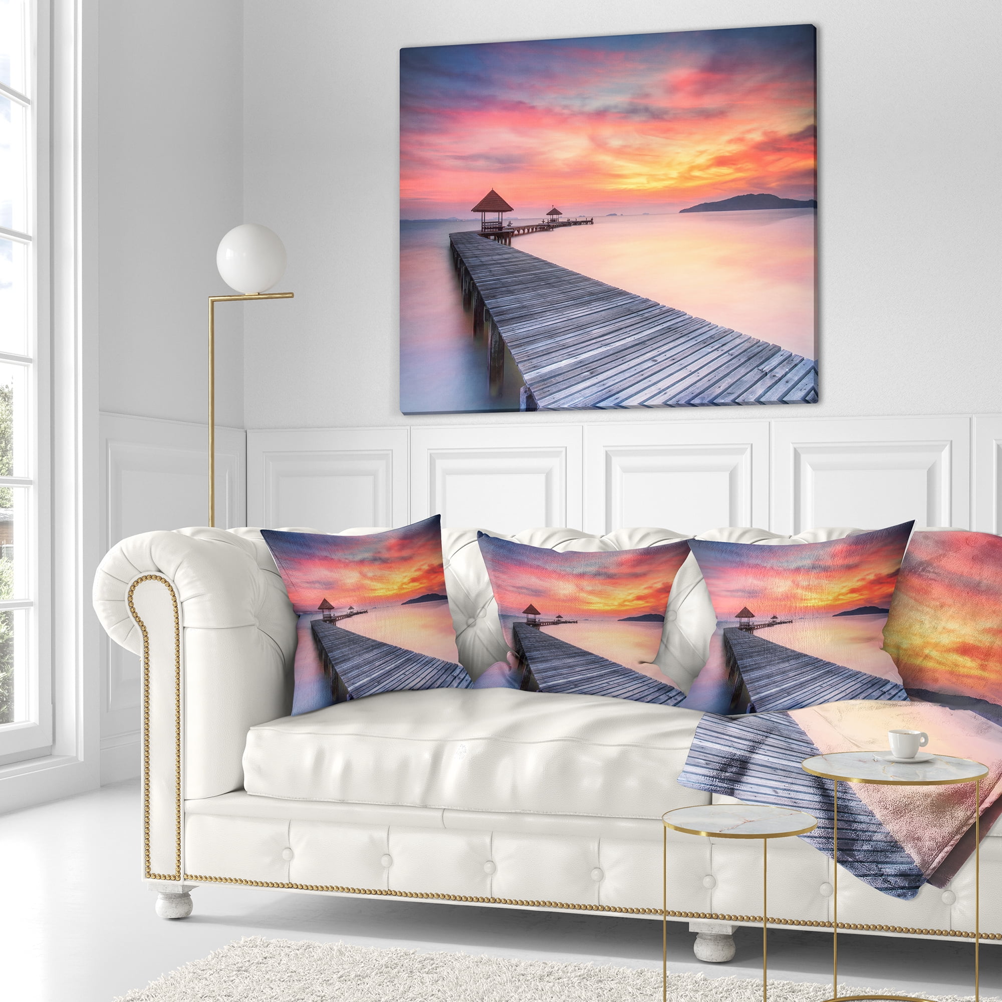 Designart Stylish Wooden Bridge and Beach Sky - Pier Seascape Throw Pillow - 16x16