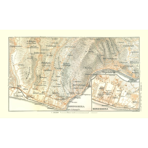 Historic Map - Bordighera Italy - Bertarelli 1914 - Vintage Wall Art