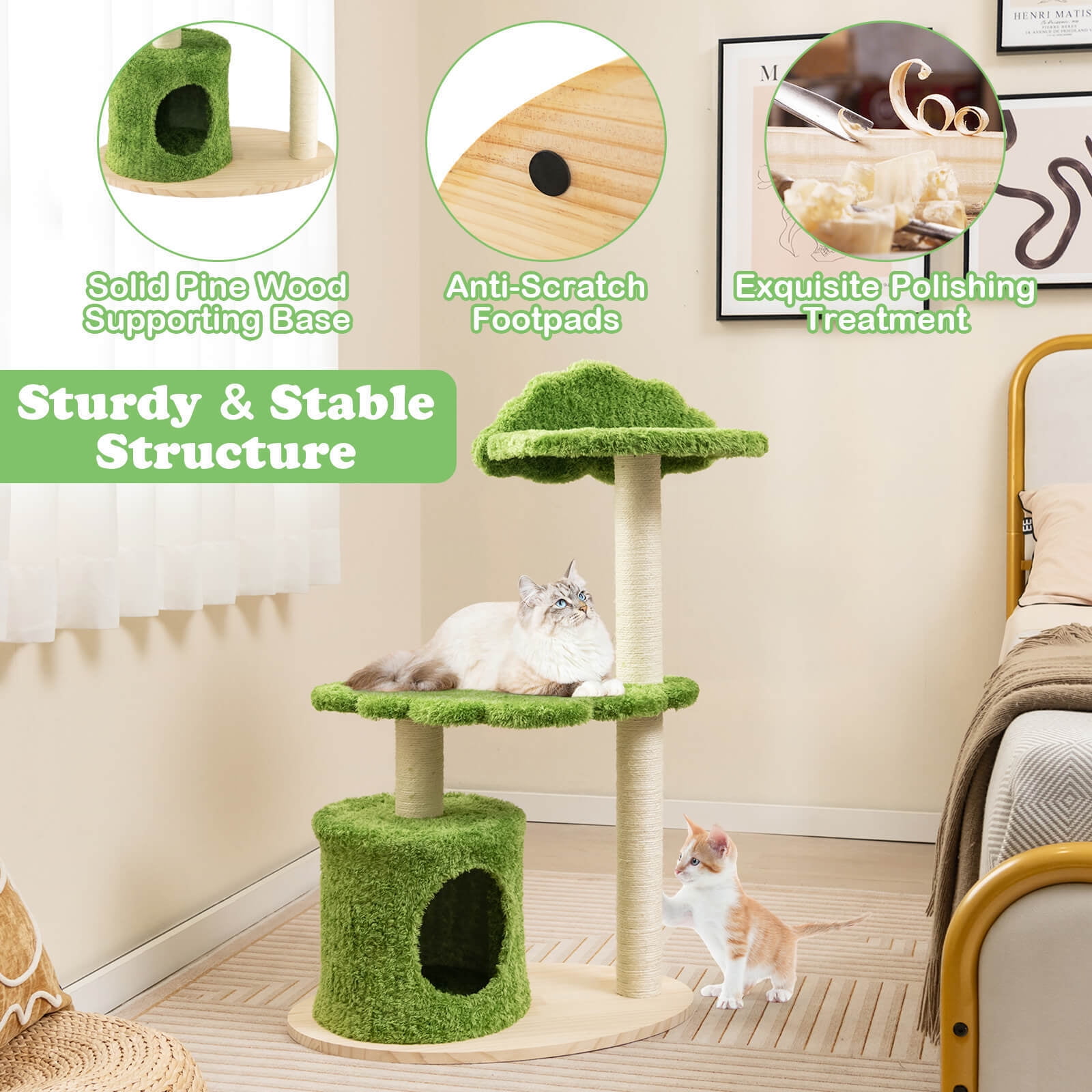 Amijoy Wooden Cat Tree, 38" Tall Cat Climbing Stand w/ Sisal Scratching Posts, Cat Condo, Top Perch, Solid Wood Base