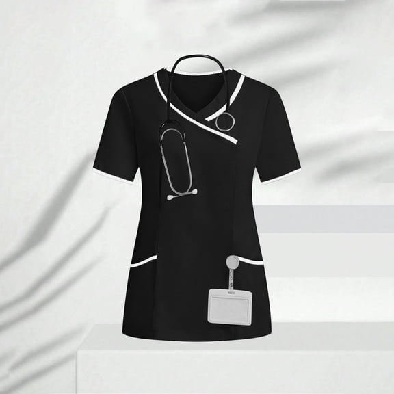 AUNVITO Women's V-Neck Nursing-Style Shirt Short Sleeve Uniform Top Professional Medical Scrub
