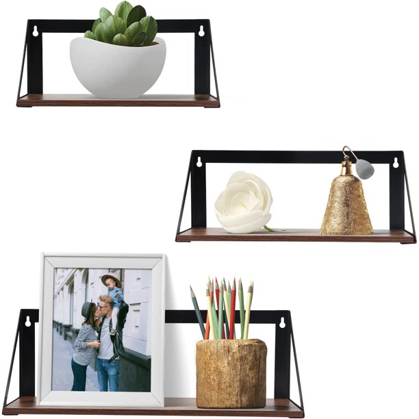 Wall Shelves Set of 3, Rustic Storage Shelf with Metal for Living Room