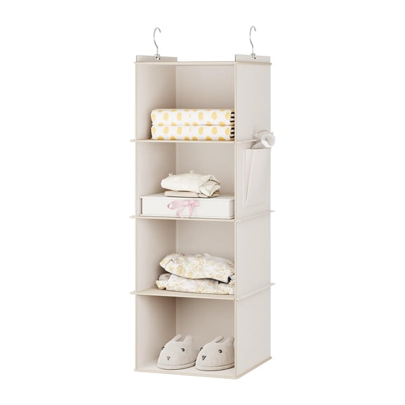 4-Shelf Hanging Closet Organizer, Fabric Storage Shelves for Closet, Beige Wardrobe Shelf Organizer