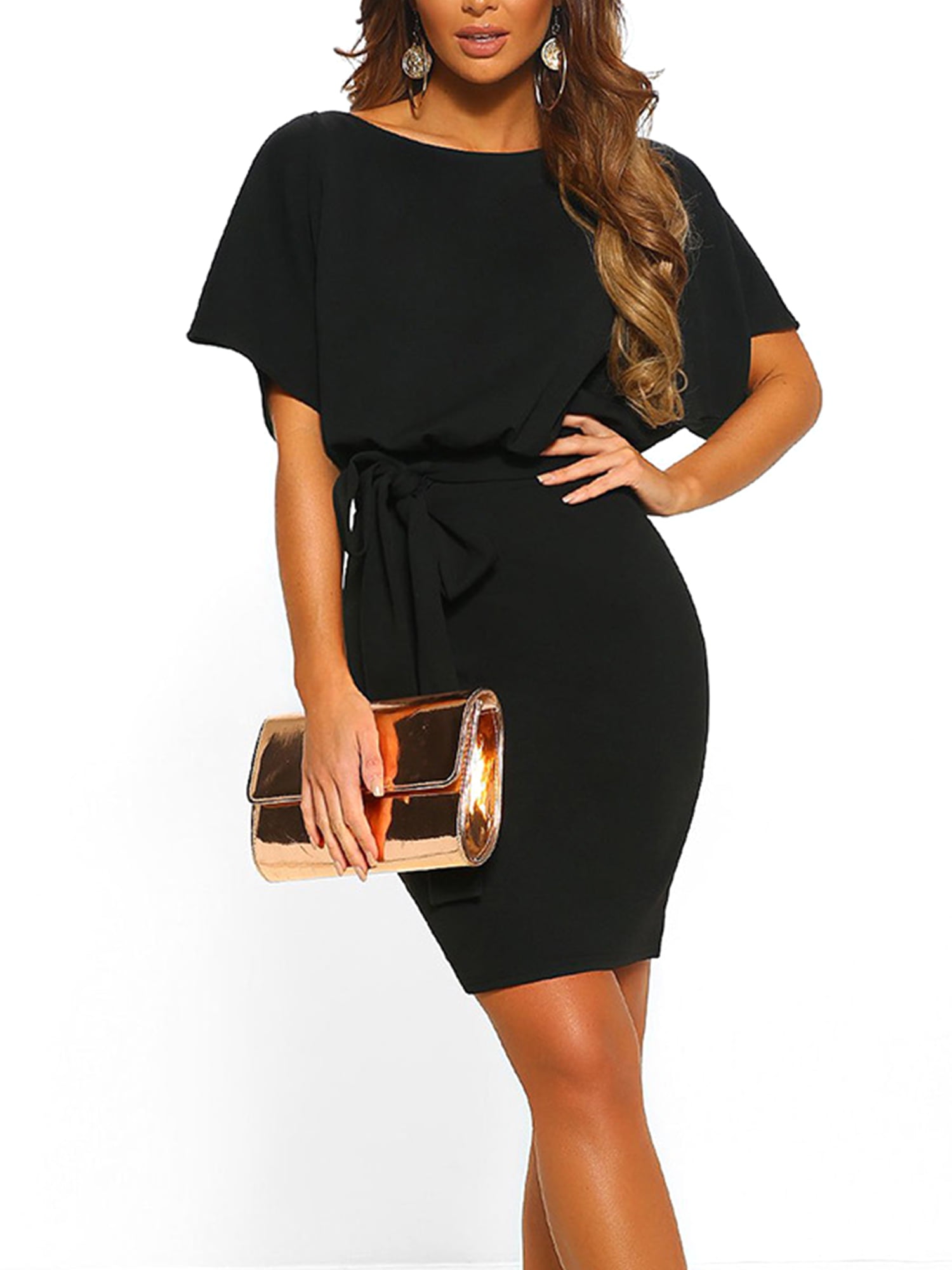 Women Boat Neck Puff Sleeves Bodycon Cocktail Party Evening Casual Dress