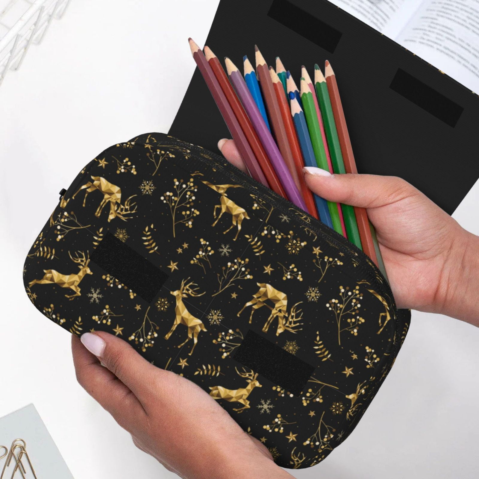 Rateoe Christmas Gold Deers1 Pattern Double Clamshell Pen Case, Storage Organizer with Two Zipper Compartments– Holds Up to 50 Pencils & Pens