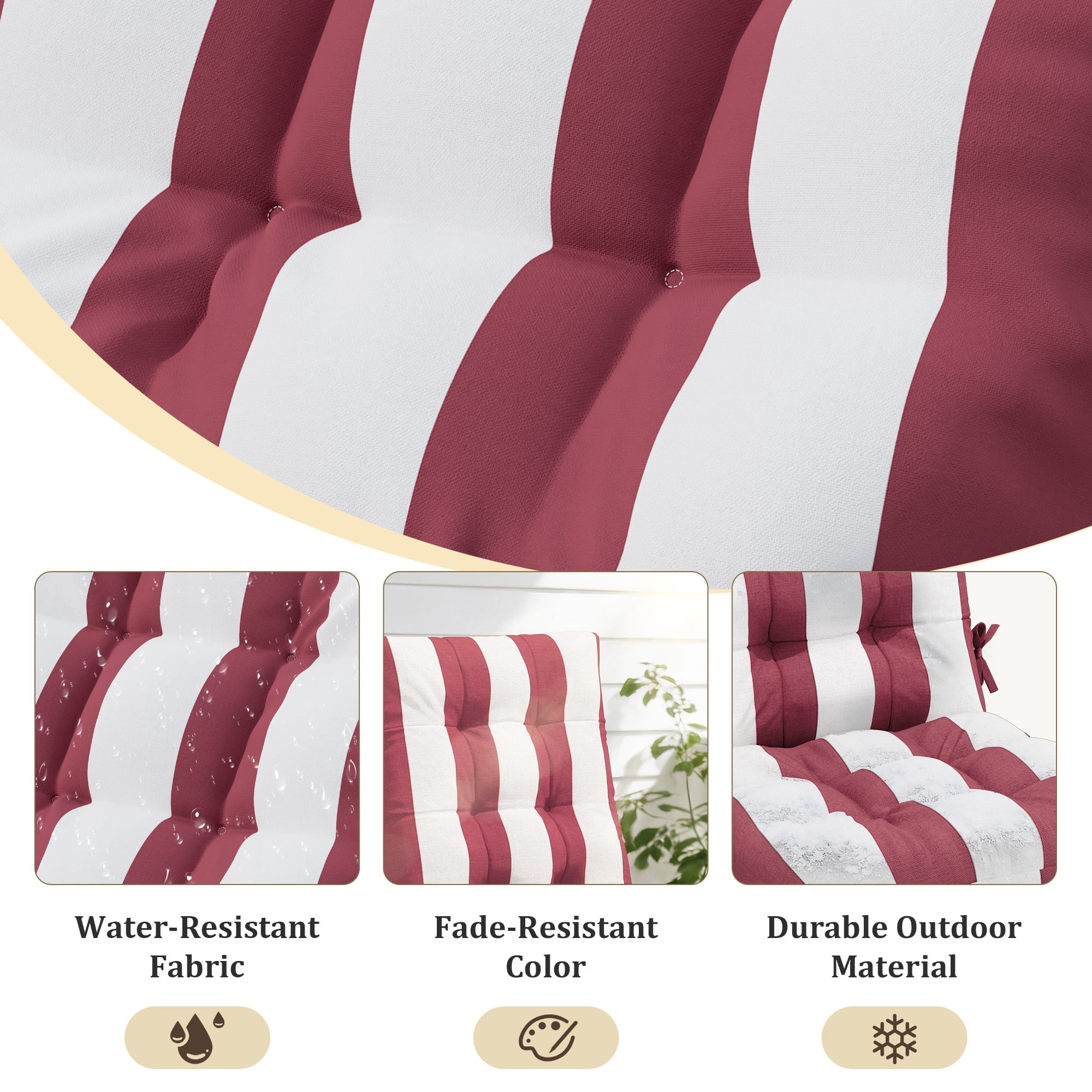 FUNDAZE Outdoor Chair Cushion, 47"L x 19.9"W 1 Piece Cushion W/ Ties for Indoor Outdoor Rocking Chairs, Red & White