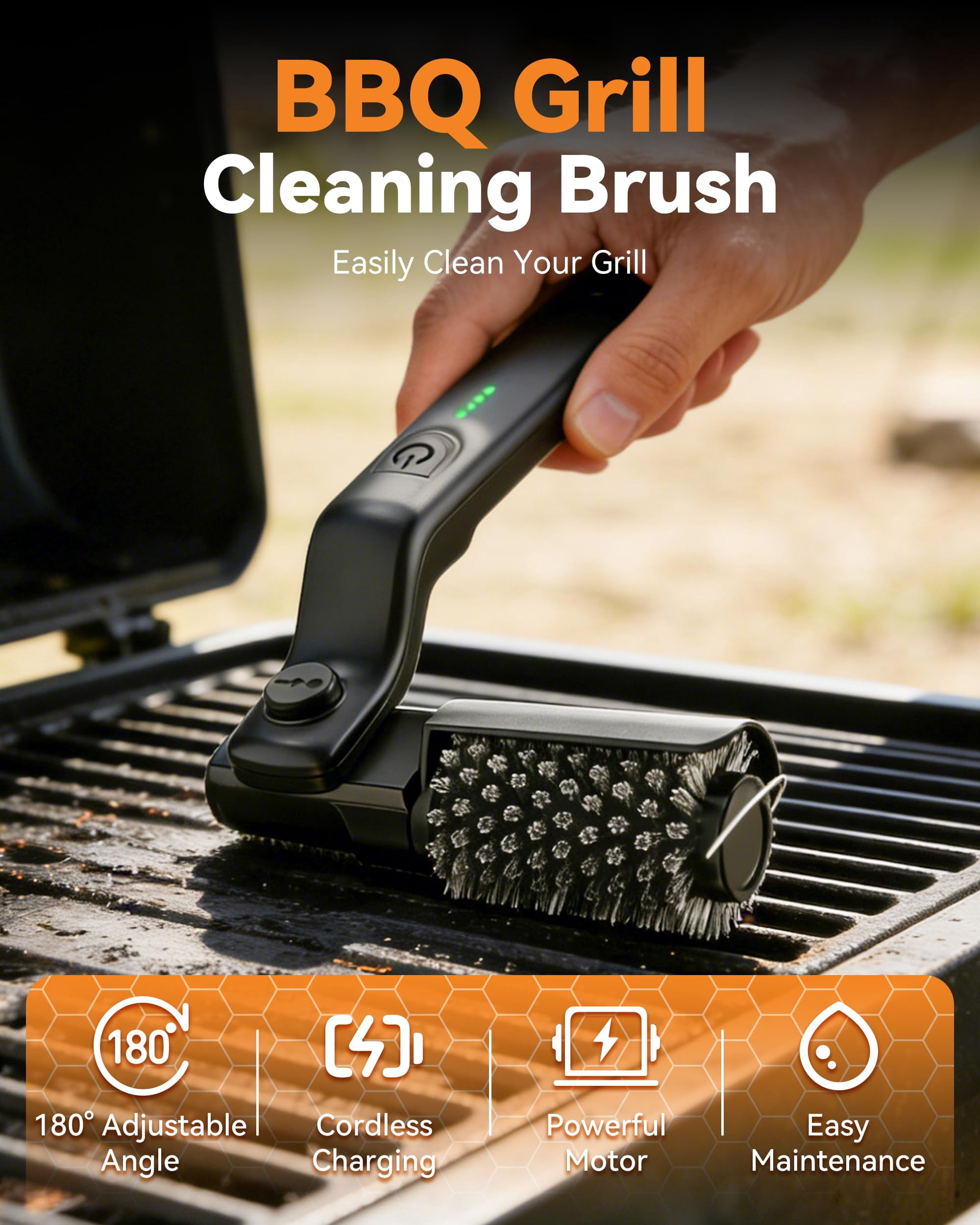 Electric Grill Brush, 3-Speed & Angle Adjust Rotary BBQ Grills Cleaning Brush for Burnt-On Grease & BBQ Grates, 20kg Max Torque, Heavy‑duty Steel Bristles
