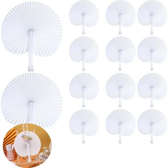 Tutuviw 12 Pcs Round Paper Fans,Wedding Foldable Paper Fans,Folding Paper Fans with Plastic Handle,White Blank Paper Fans for Guests Celebartion Party Decoration Party Bag Filler (White)
