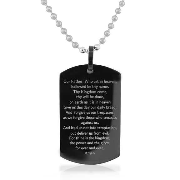 Stainless Steel Silver-Tone Black Cross Lord's Prayer in English Pendant Necklace