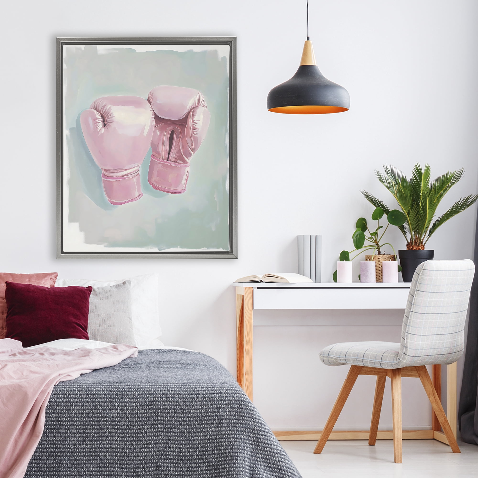 Stupell Industries Feminine Pink Boxing Gloves Gray Framed Floater Canvas Wall Art, design by The Prints Vibe