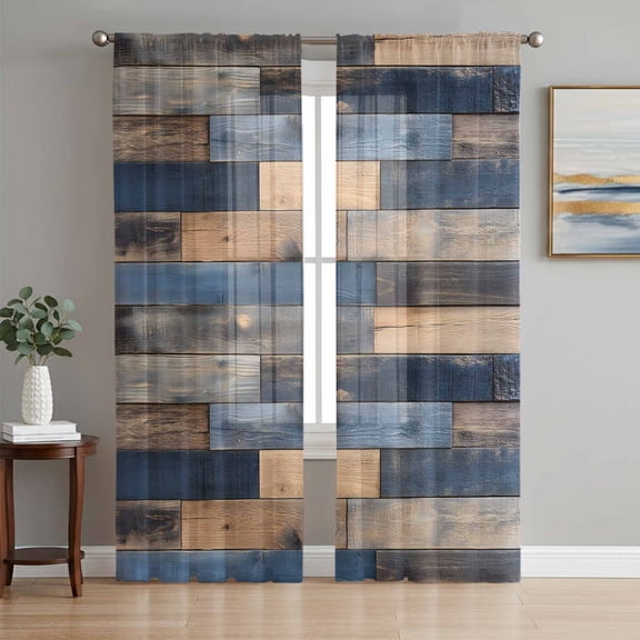 Navy Blue Brown Wood Semi Sheer Curtains 84 Inch Length 2 Panels Set, Farmhouse Vintage Wooden Sheer Kitchen Curtain Privacy Voile Window Curtain for Living Room Bedroom Rod Pocket Drapes
