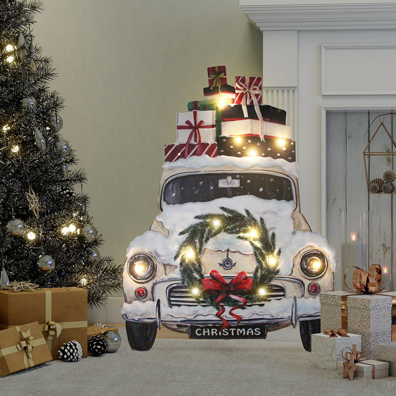 26 Inch Iron Pre-Lit Christmas White Truck w Gifts Sign