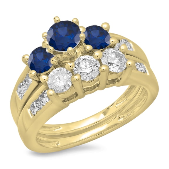 Dazzlingrock Collection 14K Round Blue Sapphire & White Diamond Ladies Bridal 3 Stone Engagement Ring Set, Yellow Gold, Size 9.5