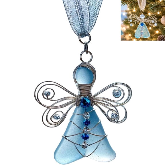 ALOEWXXR Handcrafted Sea Glass Angel Ornament, Colorful Glass Angel Hanging Beach Decoration with Rope for Xmas