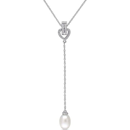 Miabella 8-8.5mm White Cultured Freshwater Pearl and 1/5 Carat T.G.W. White Topaz Sterling Silver Heart Drop Pendant, 18