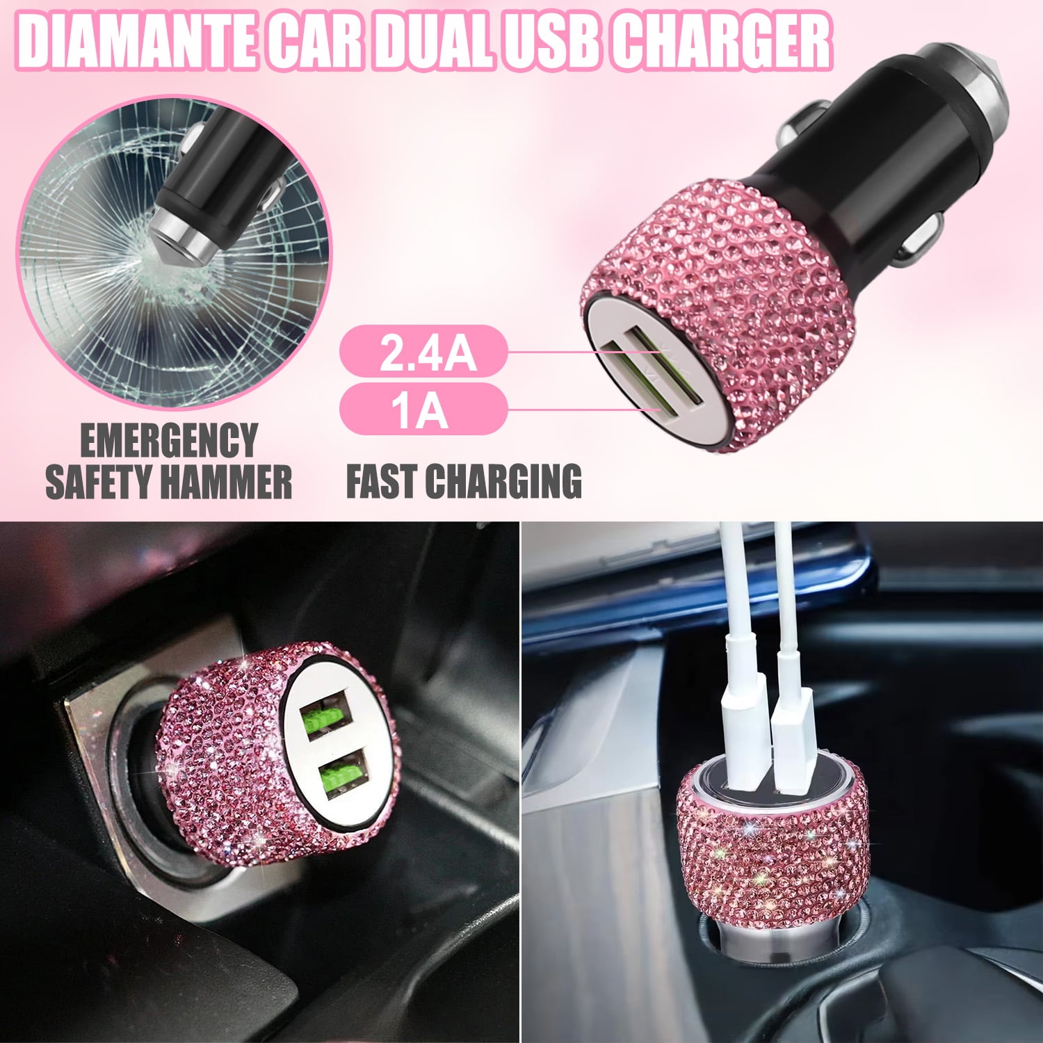 AIRKOUL 27 Pcs Bling Car Accessories Set for Women, 15 Inch Steering Wheel Covers, Universal Reinestone Vehicle Decorations, Pink