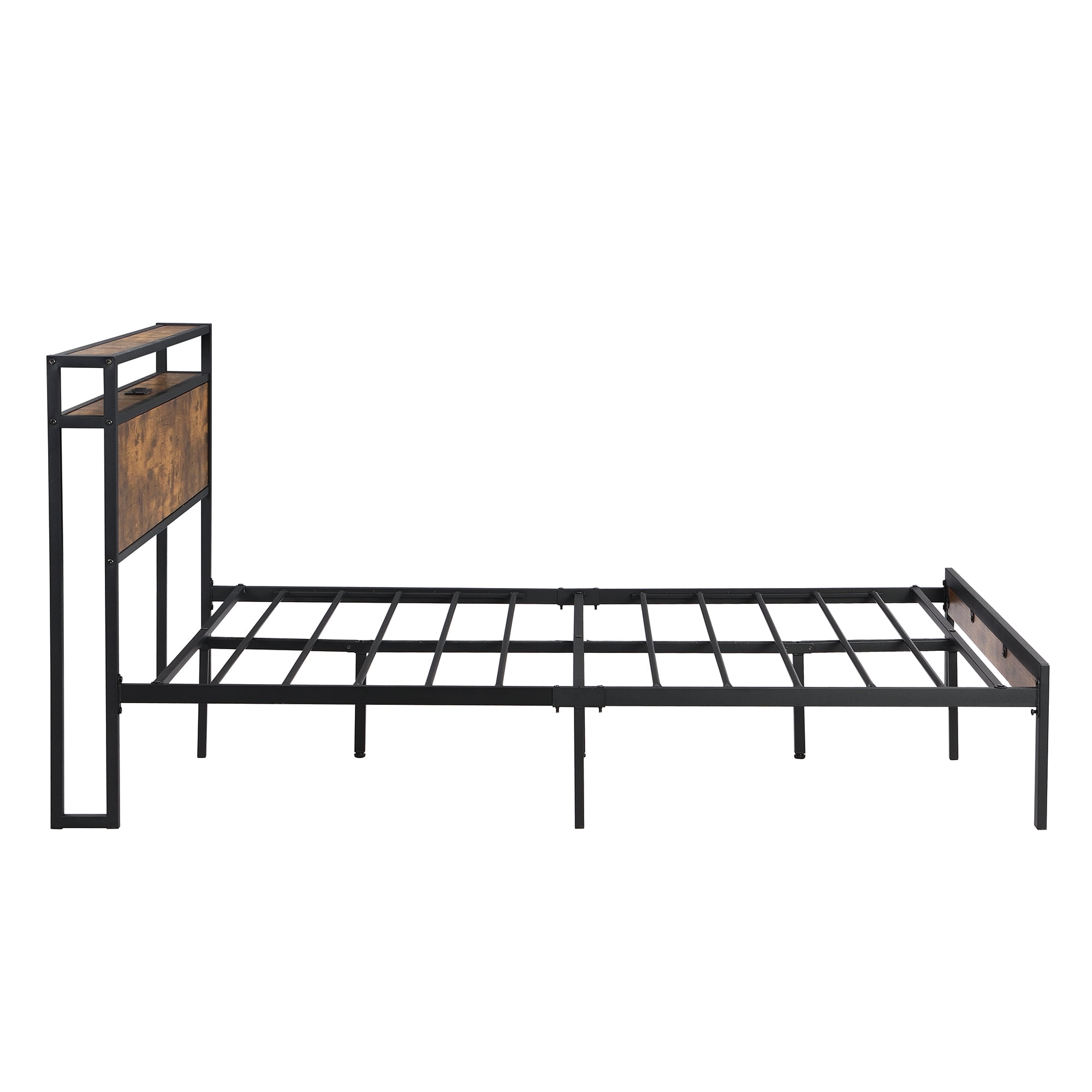 Gewnee Full-Size Metal Bed Frame with Wooden Headboard/Footboard and USB Liner, Sturdy Steel, No Box Spring Needed