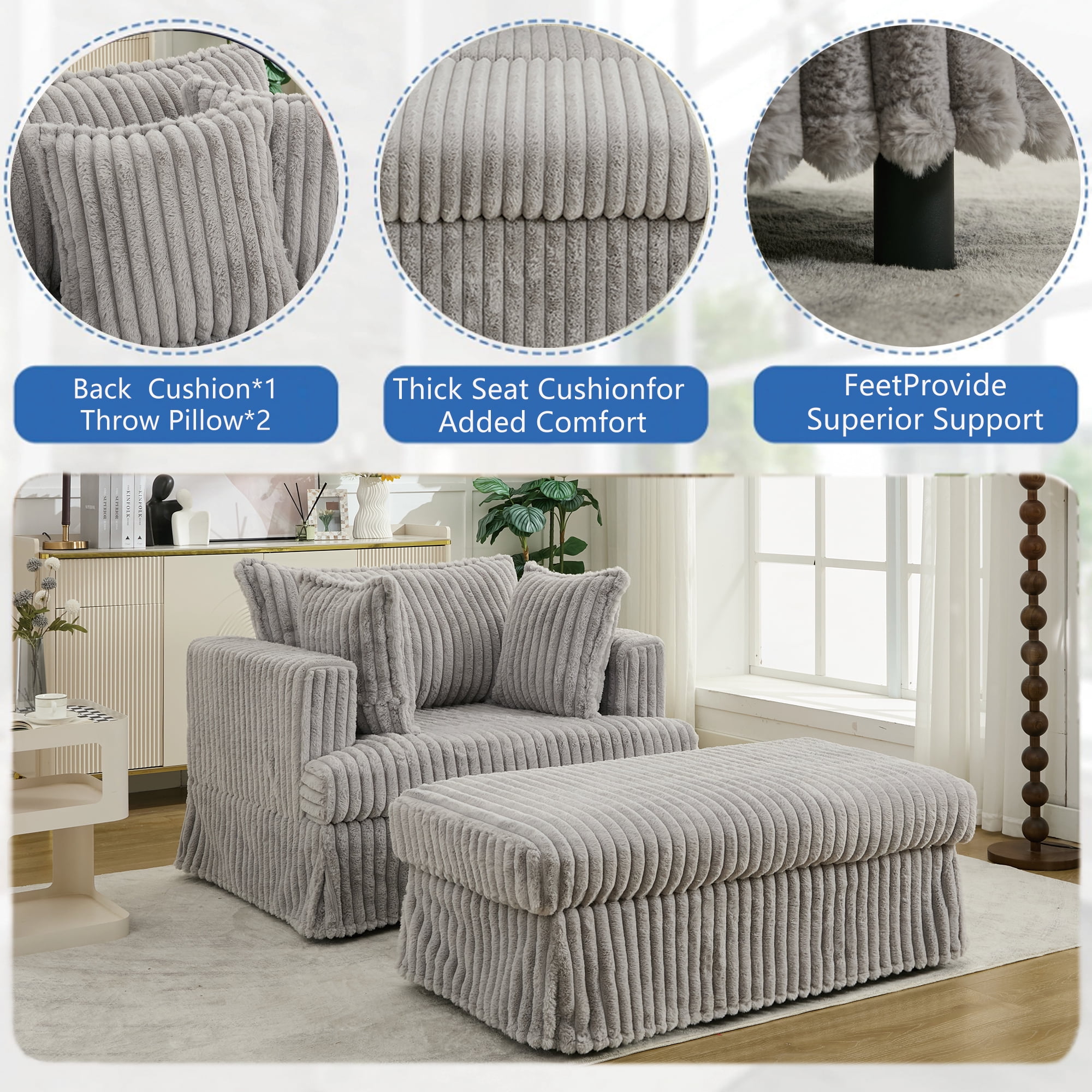 Aukfa 48" inch Chaise Lounge, Oversized Sofa Chair with Ottoman, 3 Pillows, Corduroy, Light Gray
