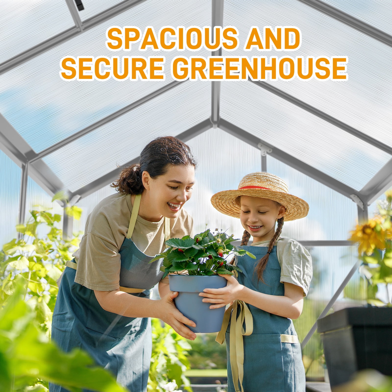 Seizeen 6x10FT Outdoor Greenhouse, Walk-in Green House Polycarbonate, Aluminium Frame Plant House for Gardening, with Adjustable Vent, 8 Supports, 62’’H Sliding Door, Silver
