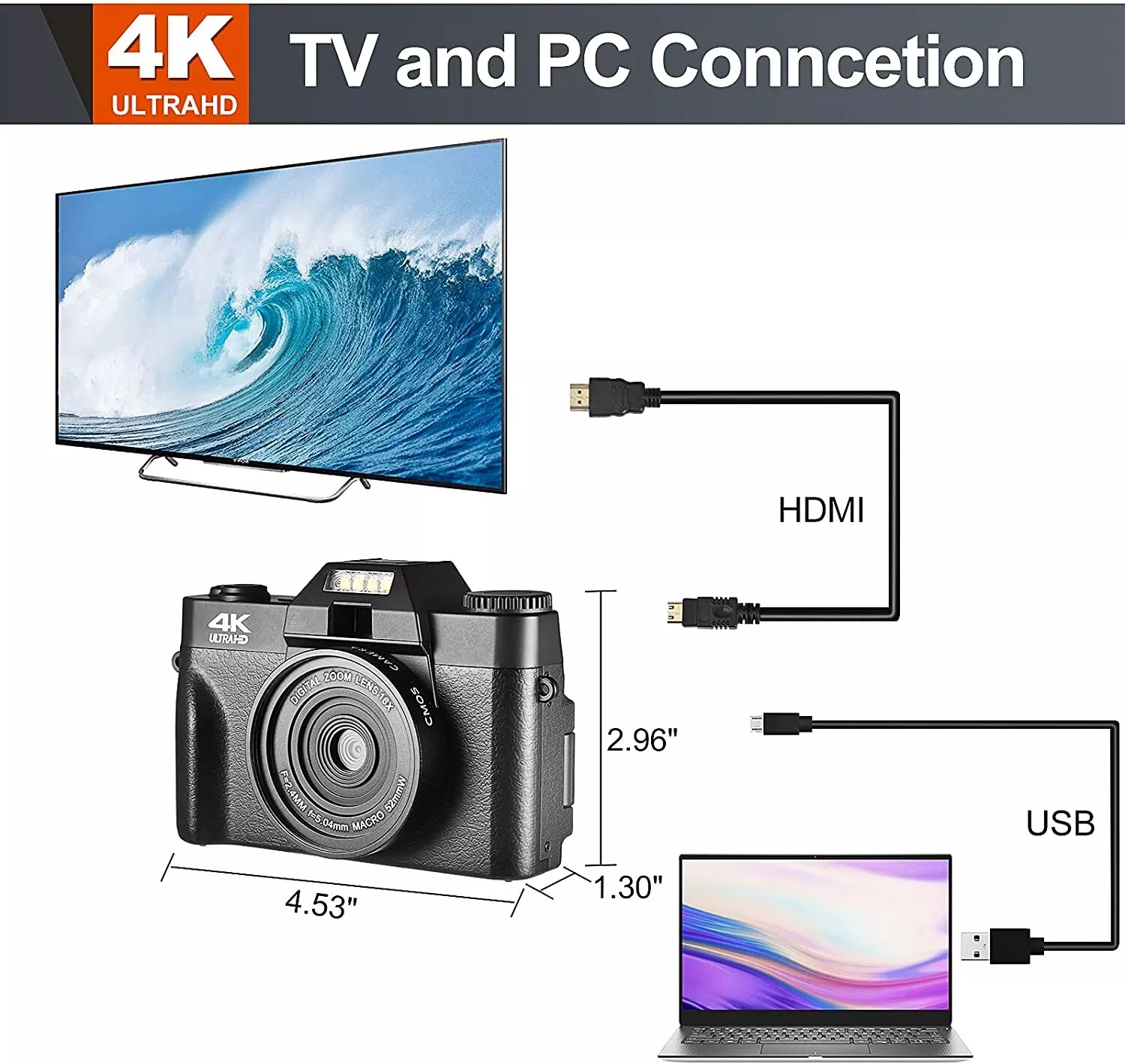 4K Digital Vlogging Camera for YouTube 4k Camcorder HD 1080P 48MP Video Camera