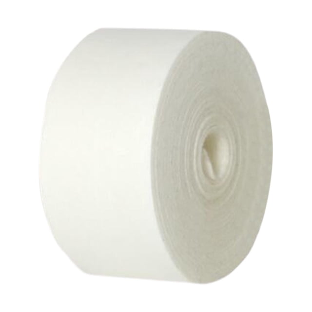 almohadilla invisible para el sudor, protección invisible, cómoda camisa desechable de verano, protector de axila, cinta para camisa con forro — Rollo blanco de tela no tejida (2,5 cm x 500 cm) en vista frontal centrada; cilindro con núcleo hueco y textura fibrosa, se corta para usar en cuellos, axilas, puños o como pegatina absorbente.