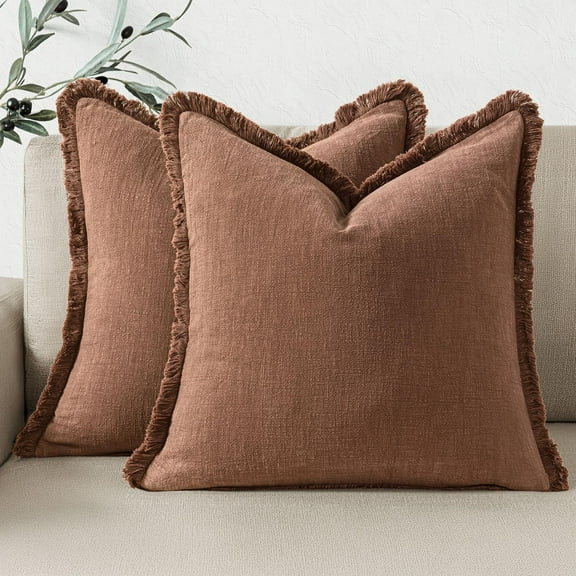 Linen Fringe Throw Pillow Covers Decorative, Cozy Boho Farmhouse Cushion Cover with Tassel Soft Accent Pillowcase for Chair Sofa Bed Living Room Home Decor, 18×18 Inch