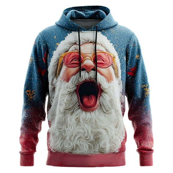KHONTS Santa Christmas Hoodies for Men 2025 Funny Christmas Hooded Sweatshirts Crewneck 3D Printed Xmas Holiday Pullover Shirts with Pocket 5-Blue XL