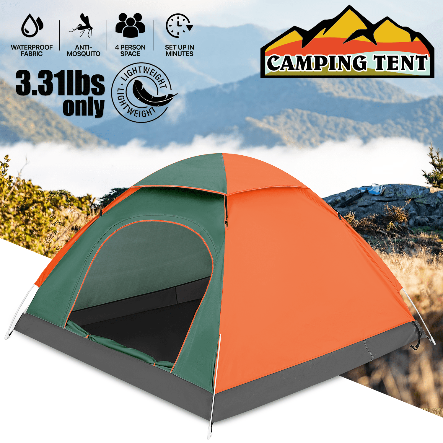 MoNiBloom Backpacking Dome Tent for Camping Hiking, Waterproof Two Doors  Tent with Skylight for Mountaineering Travel, Green/Orange