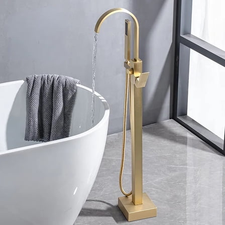 Brass Freestanding Bathtub Faucet Tub Filler with Hand Shower Brushed Gold