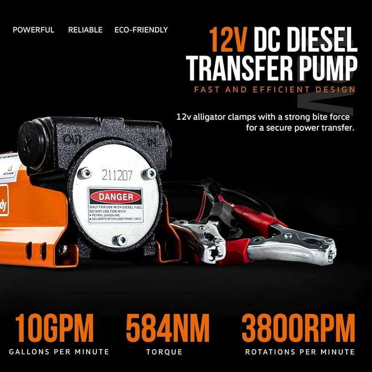 SuperHandy Diesel Transfer Pump Kit 10GPM/40LPM Heavy Duty Portable  Electric DC 12V Alligator Clamps includes: Aluminum Manual Nozzle, Delivery  & Suction Hose w/Filter (NOT For Gasoline) 