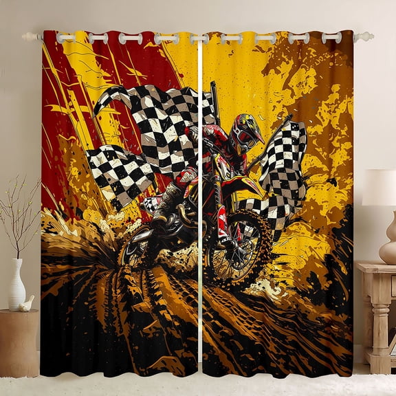Castle Fairy Grunge Motocross Black Out Curtains for Teens, Muddy Track Flags Curtains Pack of 2 (42x63 Each) for Extreme Bedroom, Red Yellow