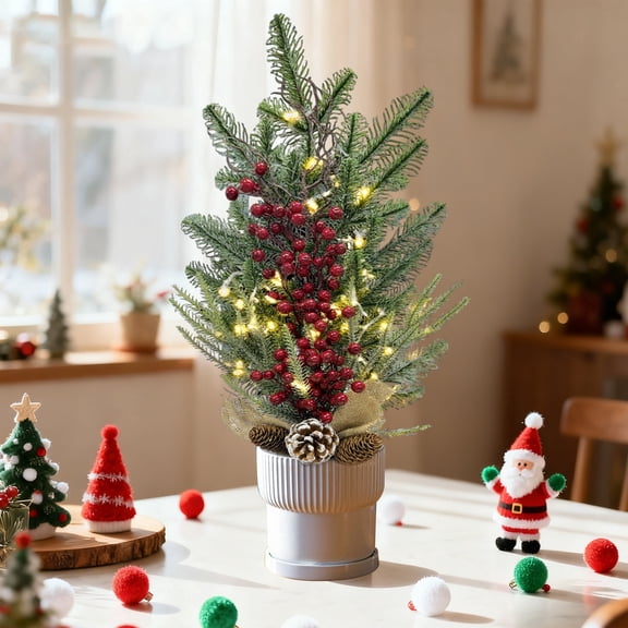 HioHa 1.8-Ft Mini Christmas Tree, Flocked Branches with Berries and Pinecones, Artificial Tabletop Tree for Desk Mantel Shelf Indoor Decor