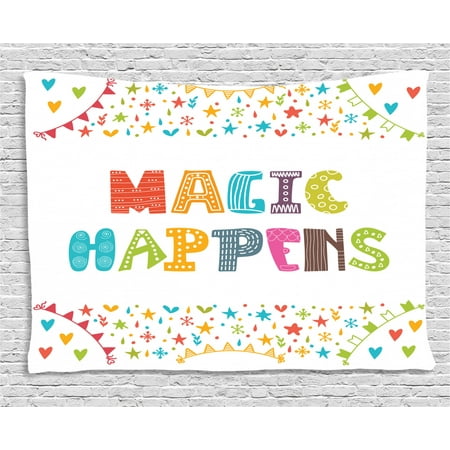 Motivational Tapestry Inspirational Quote Magic Happens Ornamented With Cute Doodle Flags And Hearts Wall Hanging For Bedroom Living Room Dorm