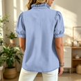thumbnail image 3 of Womens Striped Pattern Shirts Short Sleeve Button Ruffle Stand Collar Shirt Puff Tighten Cuffs Fashion Top Summer Dressy Casual Loose Tops 2XL Dark Purple, 3 of 5