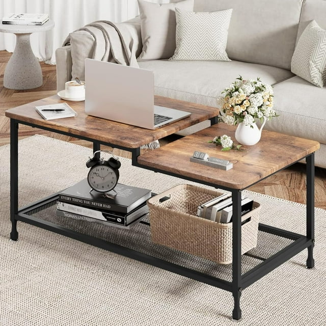 IdeaHouse Coffee Table Industrial Living Room Table 2-Tier Rustic Center Table with Mesh Shelf Rectangle Storage Cocktail Table Metal Frame, Easy to Assemble, Rustic Brown