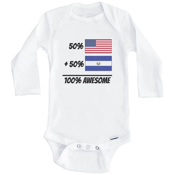 50% American Plus 50% Salvadoran Equals 100% Awesome Cute El Salvador Flag One Piece Baby Bodysuit (Long Sleeve), 0-3 Months White