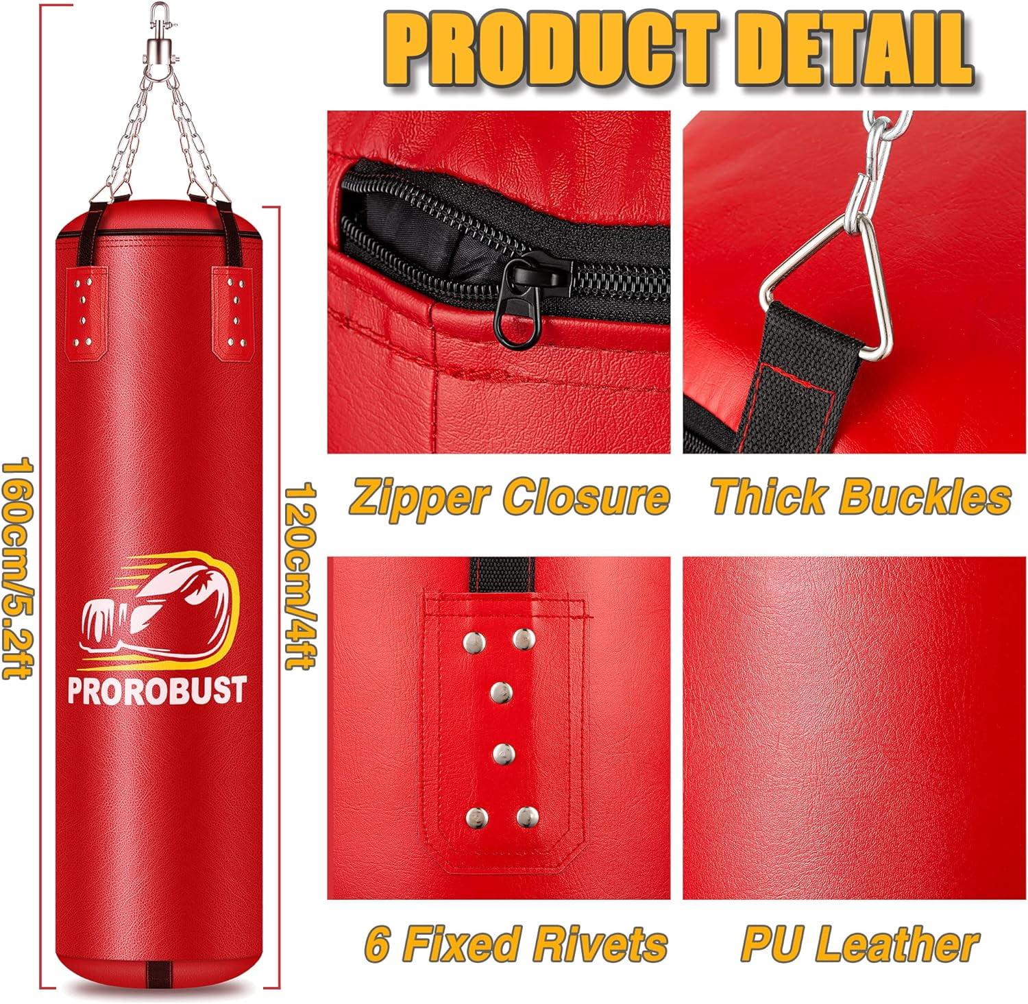 Prorobust Punching Bag for Adults, 4ft Red PU Heavy Boxing Bag Set with 12oz Gloves for MMA Kickboxing Boxing Karate Home Gym Training (Unfilled)